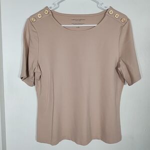Christian Siriano New York Women's L Top Short Sleeve Neutral Beige Gold Button